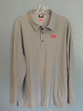 PXG Golf Fairway Men's Long Sleeve Polo - Light Gray with Red Logo